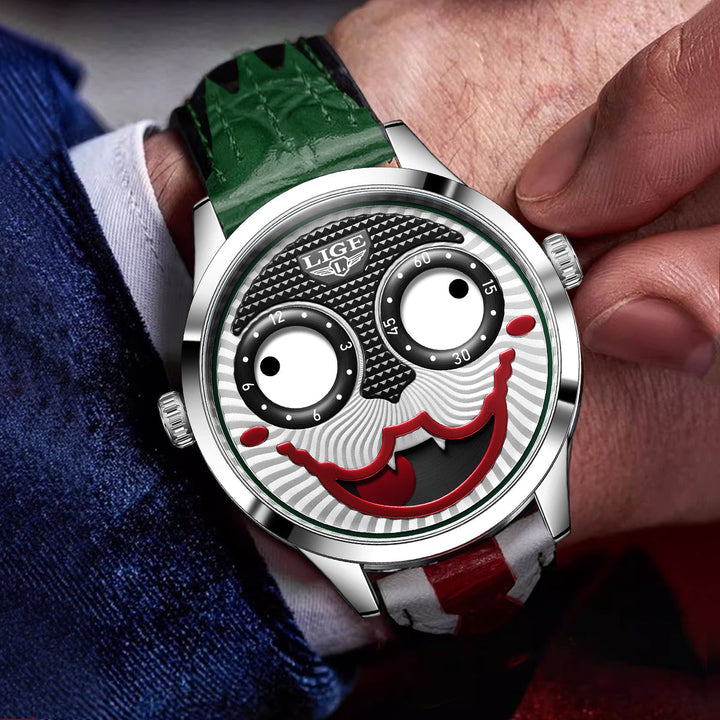Detailed view of men's chronograph watch dial, showcasing the unique animated mechanism.