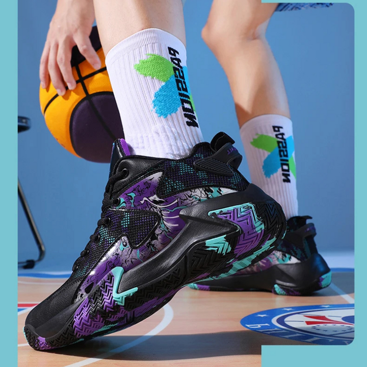Men's performance court sneakers, graphic print, high-top design for dynamic athletic movement & support.