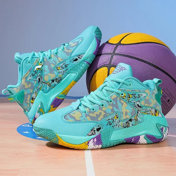 High-top men's graphic court sneakers for agile movement on the basketball court, with cushioned support.