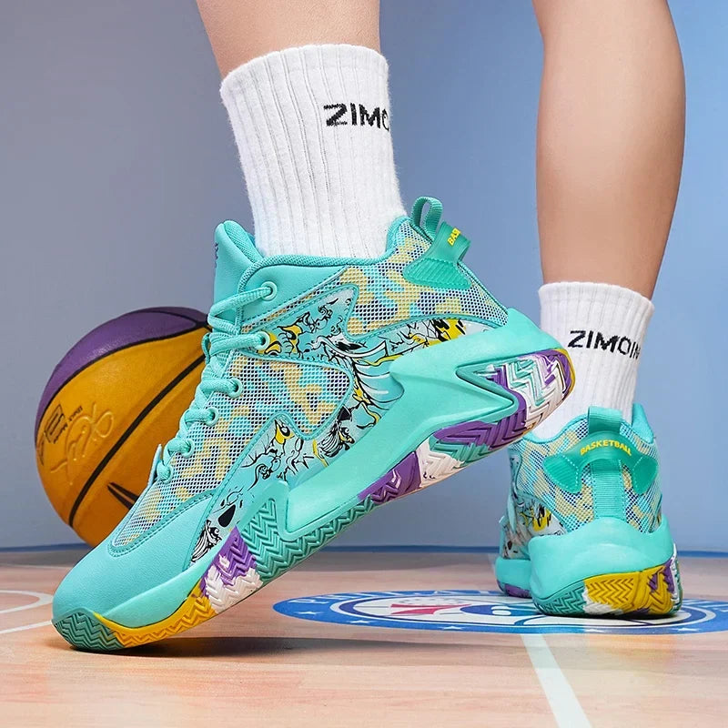 Men's sports shoes: graphic print high-top court trainers, ensuring stability & traction grip for performance.