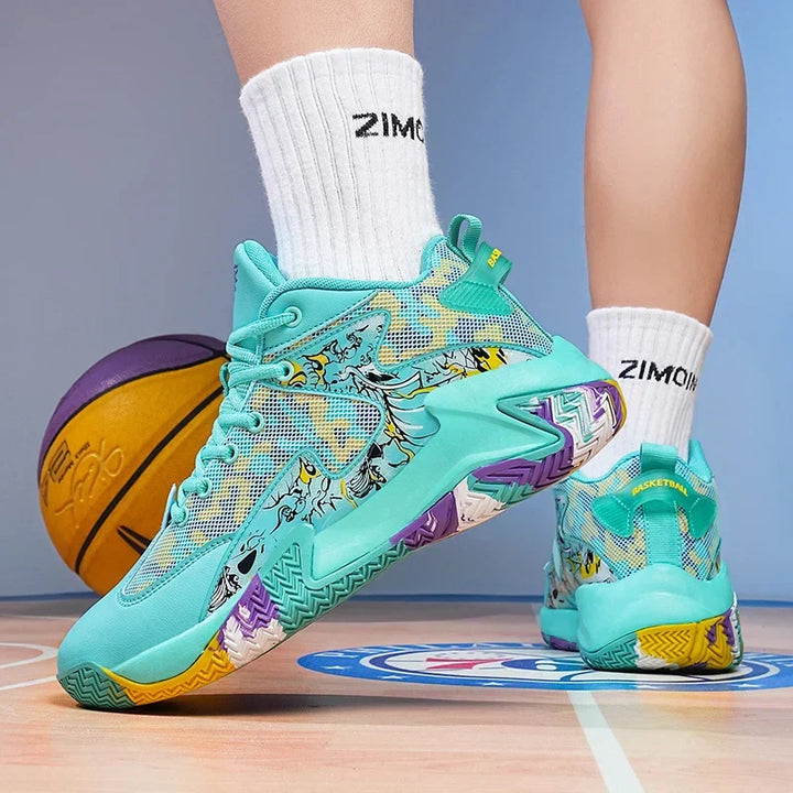 Men's sports shoes: graphic print high-top court trainers, ensuring stability & traction grip for performance.