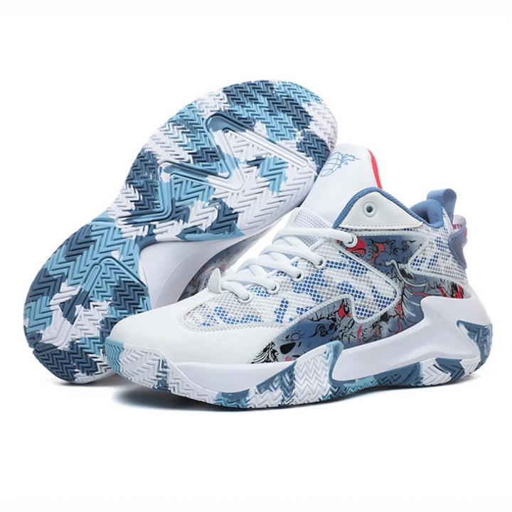 Vibrant graphic men's basketball shoes, high-top athletic footwear, designed for ultimate court performance.