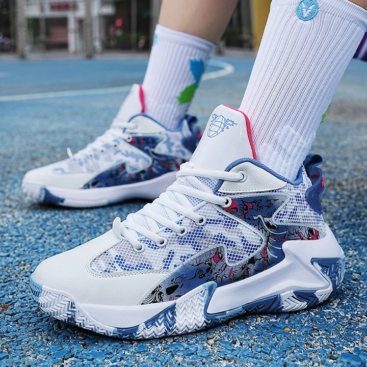 Durable men's graphic print high-top court sneakers, performance footwear for dynamic athletic activities.