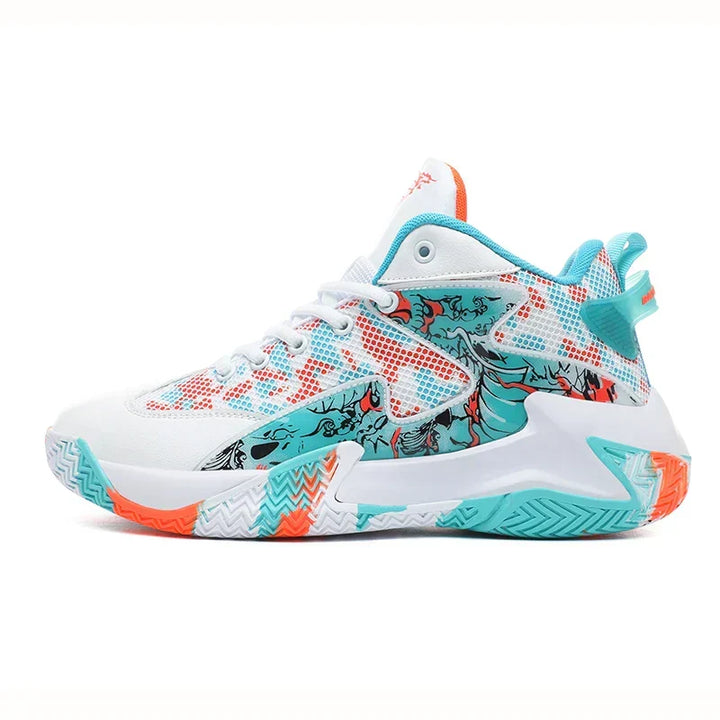 Men's graphic performance court sneakers, high-top for versatile basketball and athletic use, cushioned.
