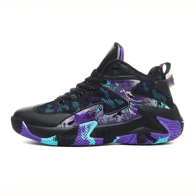 Pair of men's bold graphic high-top court sneakers, ready for dynamic on-court performance & agile play.