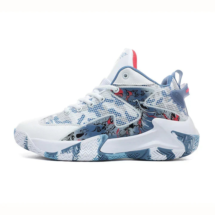 Close-up of bold graphic on men's high-top court sneakers, showcasing performance design & athletic style.