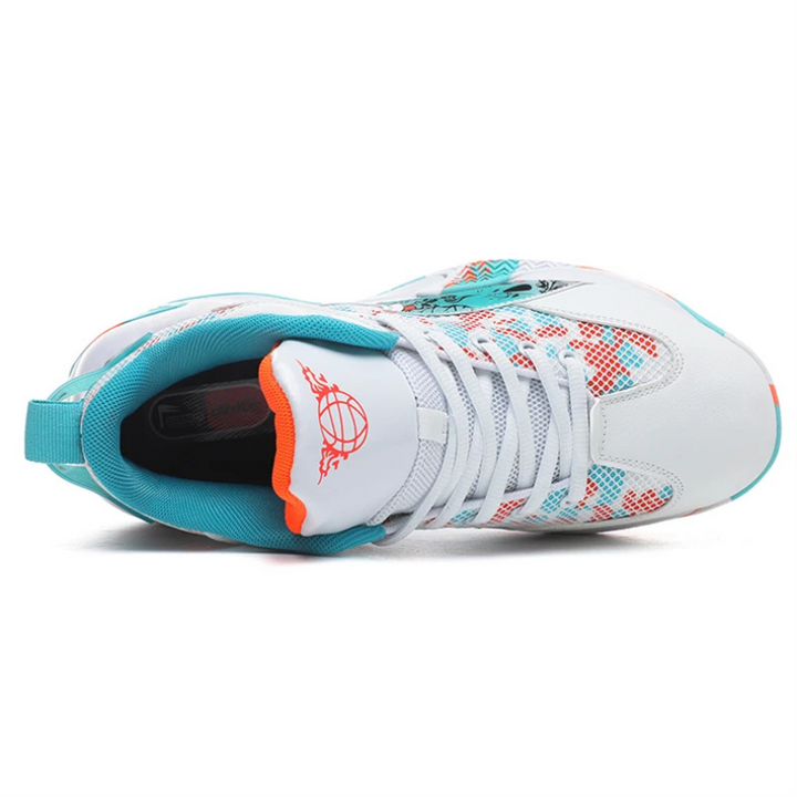 Men's athletic basketball shoes, high-top with bold graphic print, featuring traction grip for agile movement.
