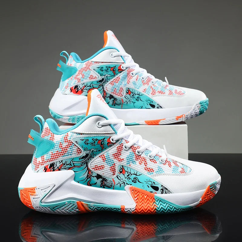 Graphic print men's high-top basketball shoes, delivering cushioned support & superior traction grip.