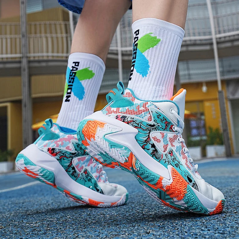 Men's athletic high-top court sneakers with bold graphic print, providing agile movement & comfort.
