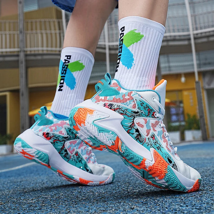 Men's athletic high-top court sneakers with bold graphic print, providing agile movement & comfort.