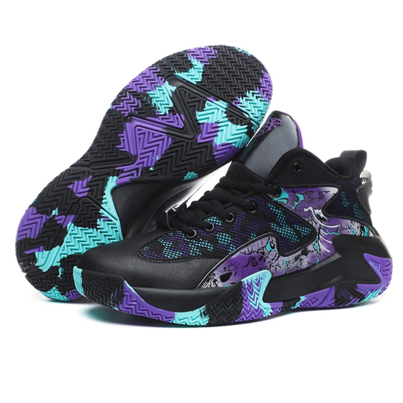 Bold graphic men's high-top court trainers, performance footwear for dynamic on-court movement.