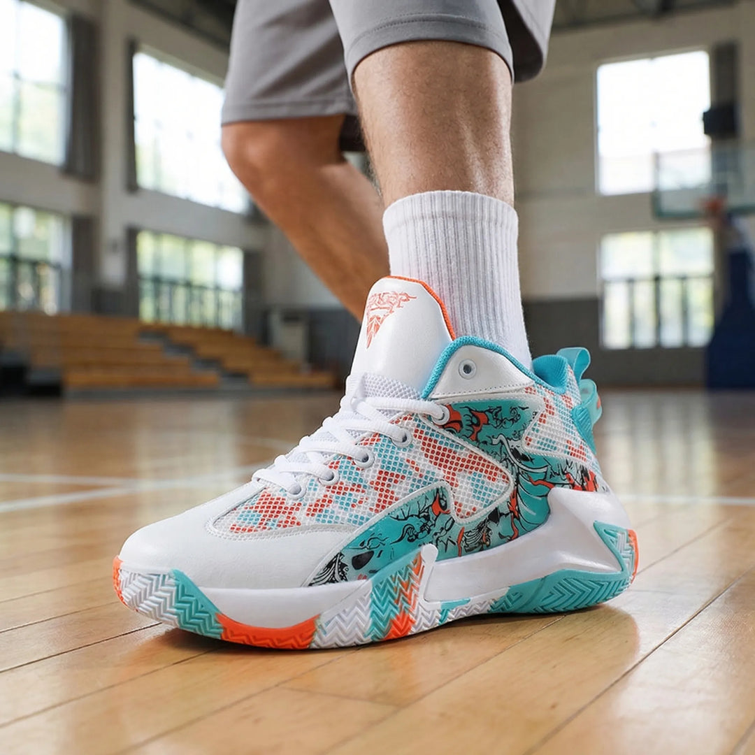 Men's bold graphic high-top court sneakers, perfect for athletic performance and sport.