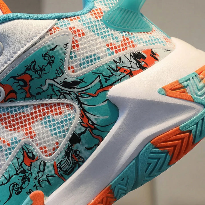 Men's athletic high-top basketball sneakers with bold graphic print, ideal for court performance.