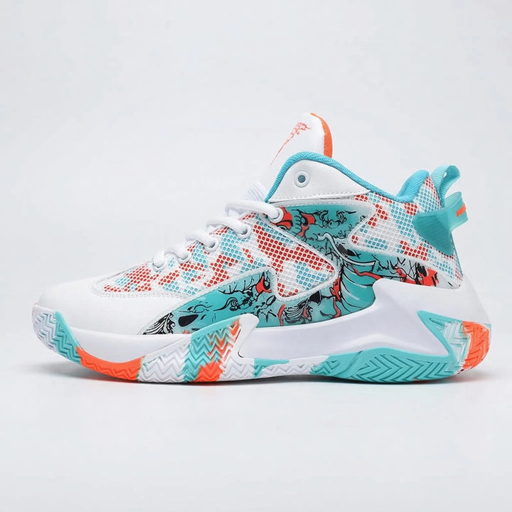Stylish men's graphic high-top court sneakers, delivering bold fashion and athletic performance footwear.