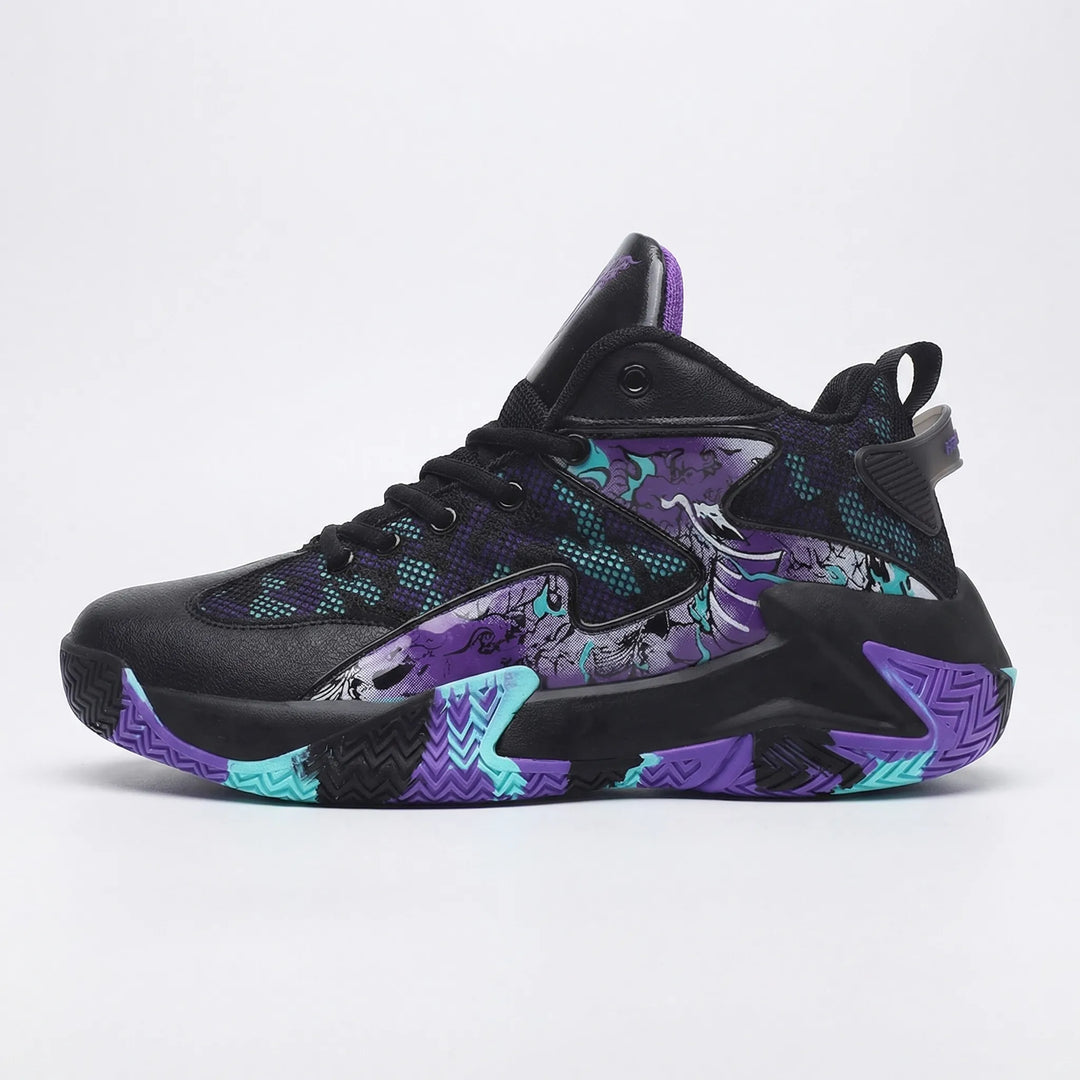 Performance men's high-top court trainers with bold graphic design, suitable for sport and active wear.