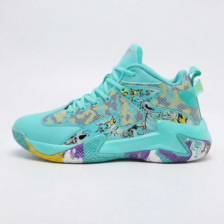 Comfortable men's high-top athletic footwear: graphic court sneakers for sport and daily wear.