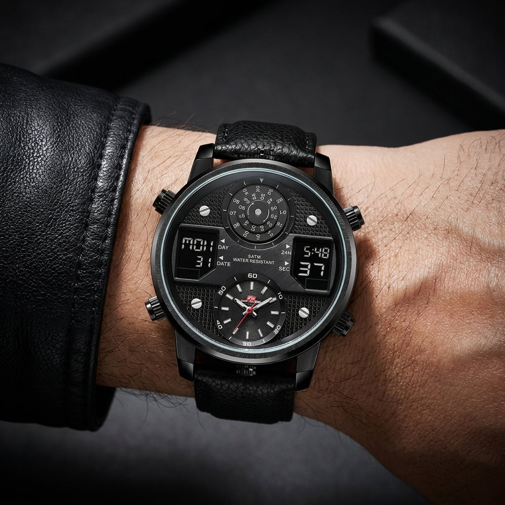Men's bold multifunction stainless steel watch with oversized dial. A water resistant mens accessory for modern style.