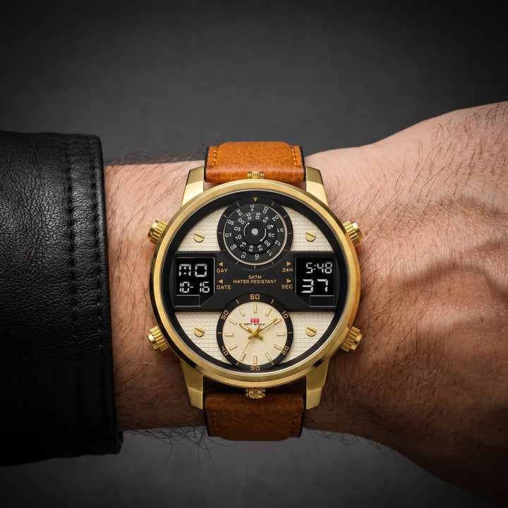 Gold men's bold stainless steel multifunction watch with oversized dial. Water resistant, a stylish mens accessory.