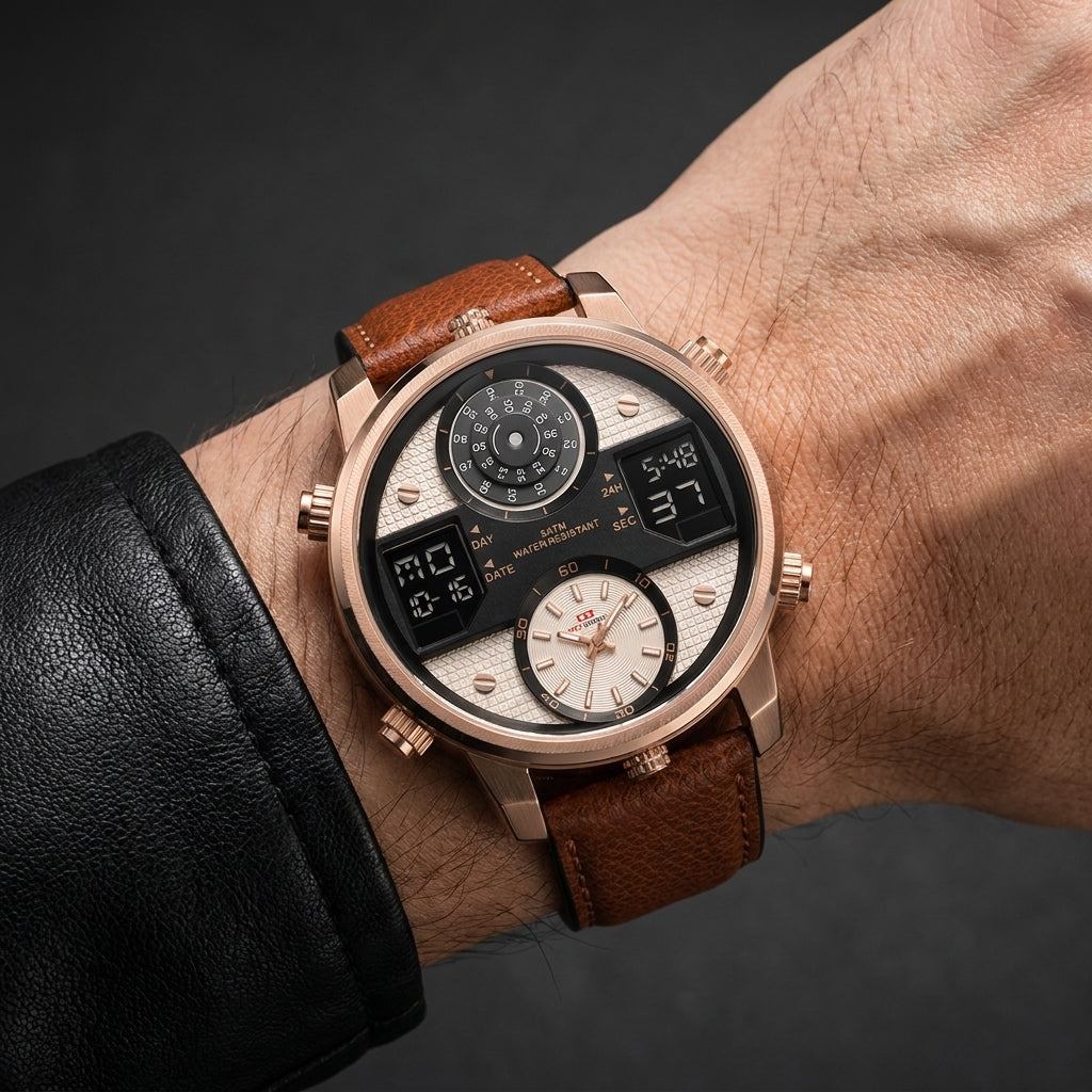 Black men's oversized dial multifunction stainless steel watch. Bold design, water resistant, essential mens style.