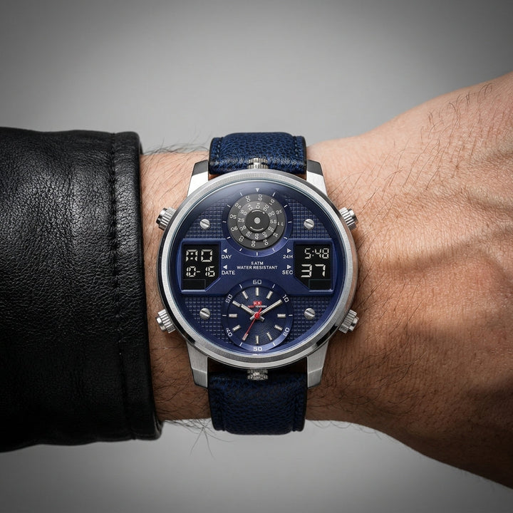 Rose gold men's bold multifunction stainless steel watch. Oversized dial, water resistant, elegant mens accessory.