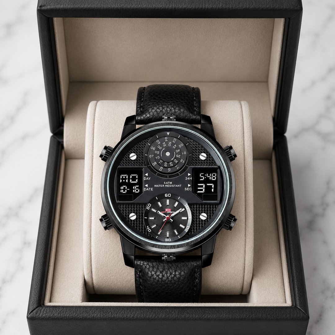 Blue men's bold multifunction stainless steel watch, water resistant. Features an oversized dial for mens style.