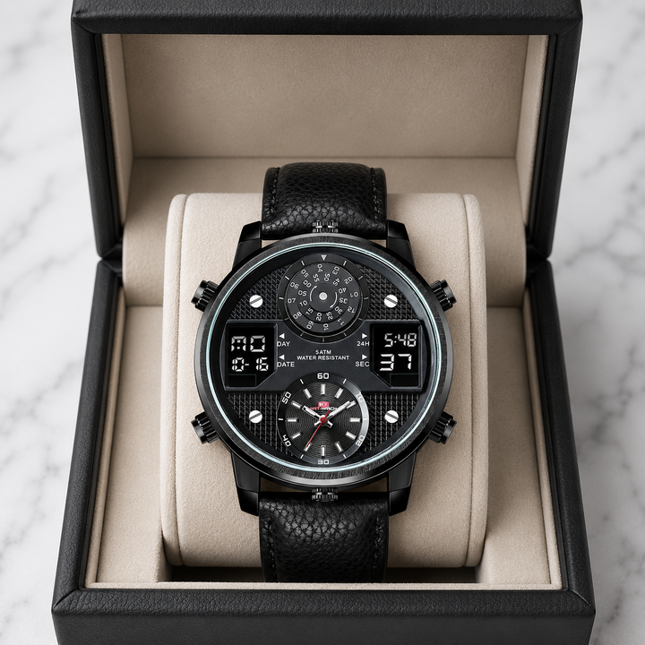 Blue men's bold multifunction stainless steel watch, water resistant. Features an oversized dial for mens style.