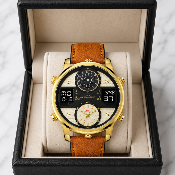 Men's oversized bold multifunction watch. Stainless steel, water resistant, with a striking dial for mens accessories.
