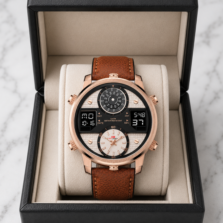 Classic men's stainless steel multifunction watch. Bold, water resistant, and an oversized dial, ideal mens accessory.