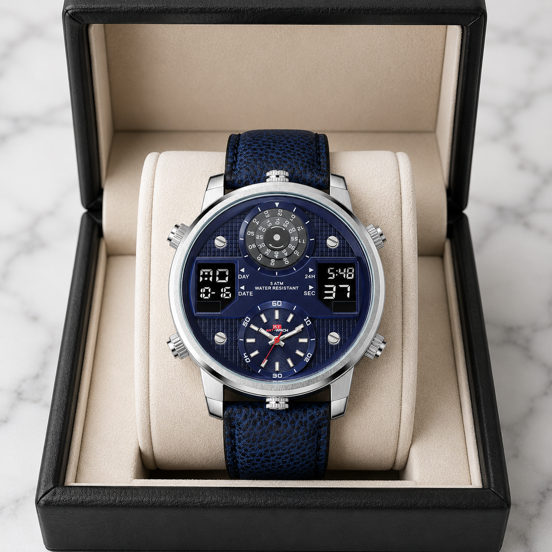 Modern men's bold multifunction stainless steel watch. Oversized dial, water resistant, perfect for mens style.