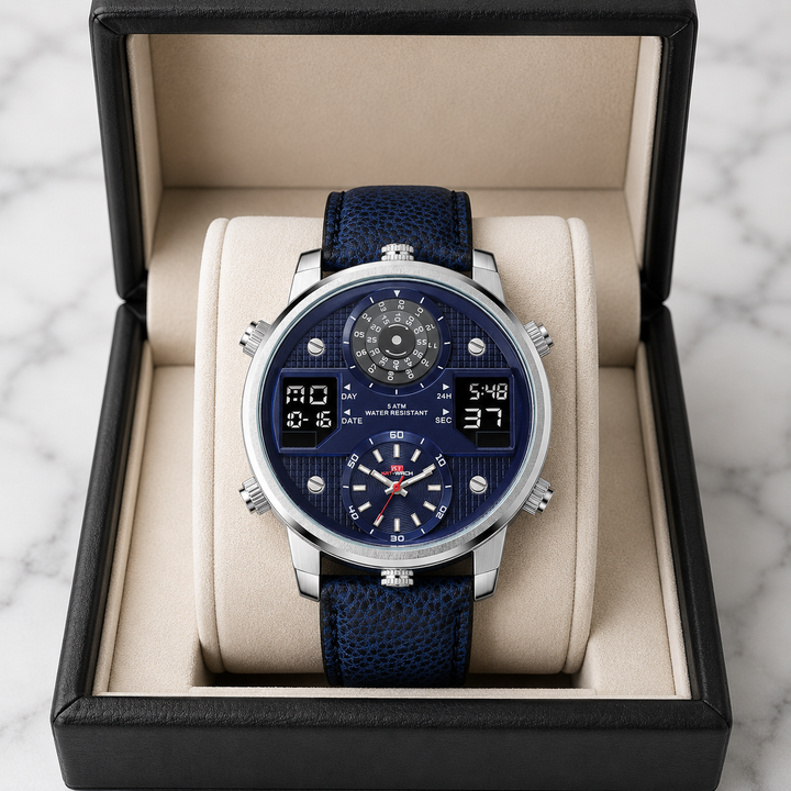 Modern men's bold multifunction stainless steel watch. Oversized dial, water resistant, perfect for mens style.