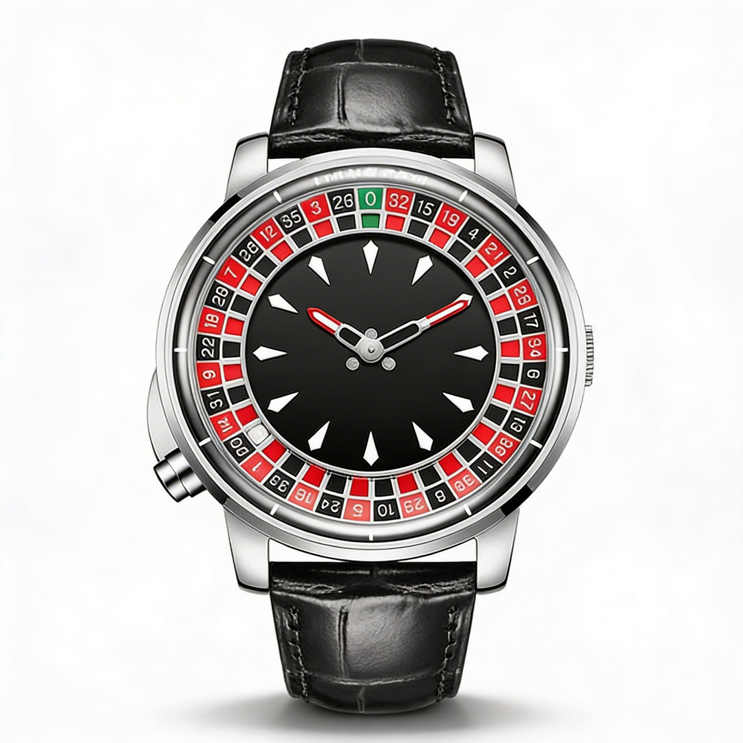 Men's bold roulette dial watch with luminous hands and numbers, unique statement fashion accessory.