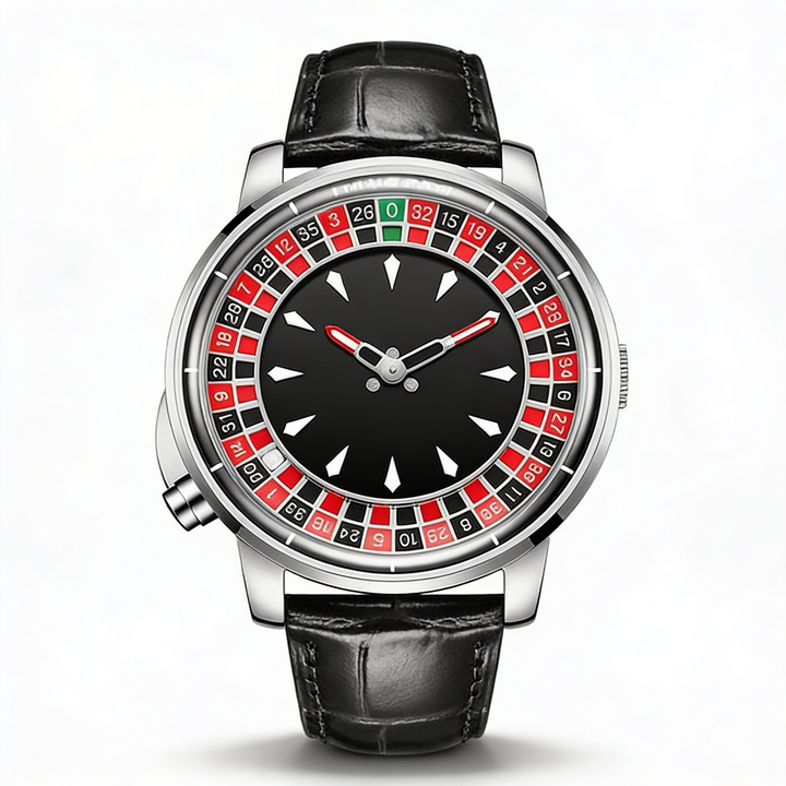 Men's bold roulette dial watch with luminous hands and numbers, unique statement fashion accessory.
