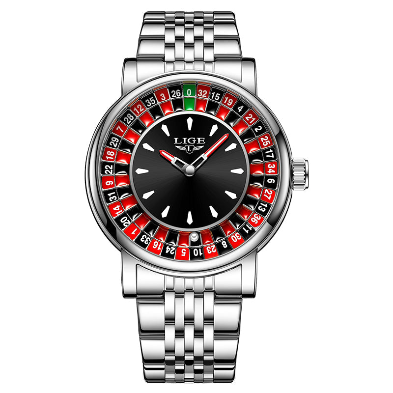 Stylish men's roulette watch, alloy case, black leather strap, bold luminous dial, unique fashion statement.