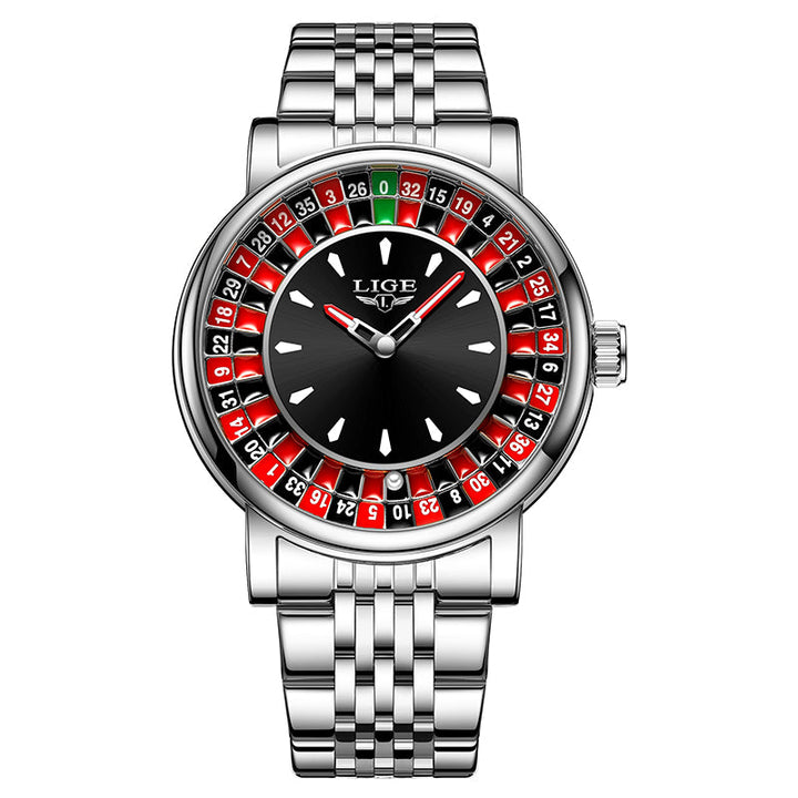Stylish men's roulette watch, alloy case, black leather strap, bold luminous dial, unique fashion statement.