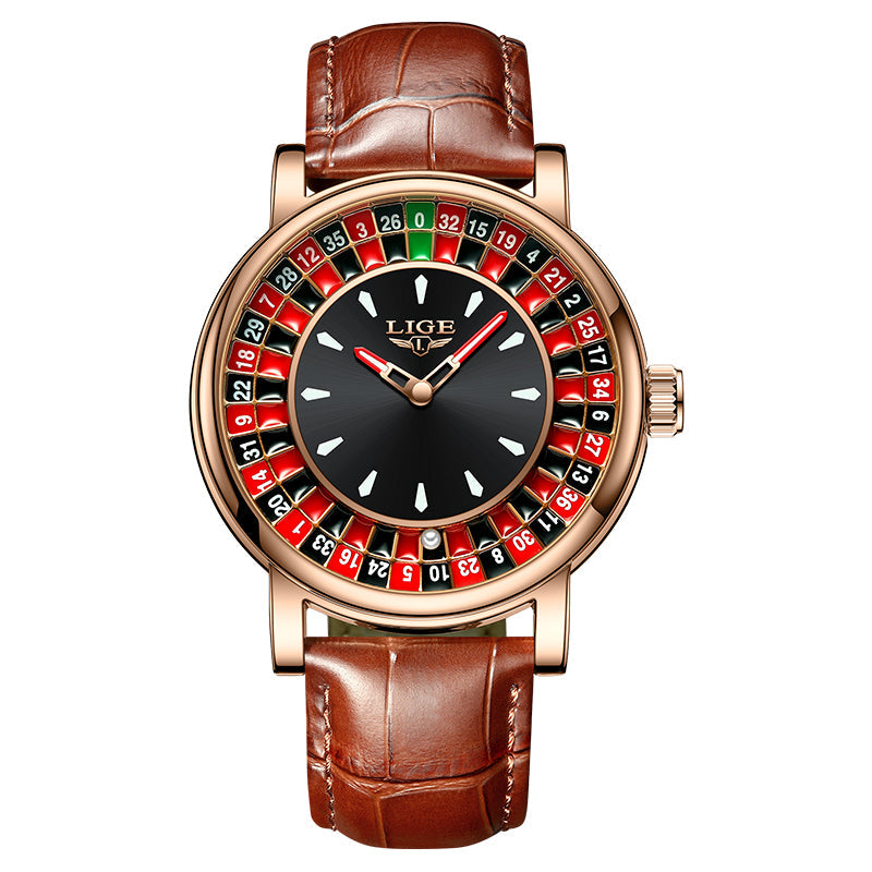 Unique men's bold roulette dial watch, eye-catching fashion statement, perfect for a distinctive style.