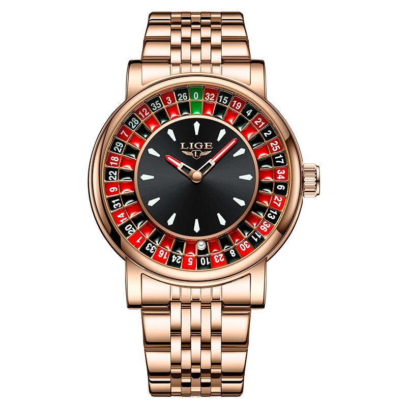 Luminous men's bold roulette watch, eye-catching dial, durable alloy case, unique statement fashion accessory.