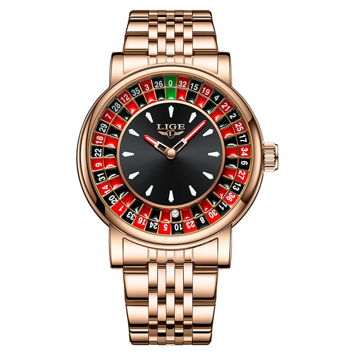 Luminous men's bold roulette watch, eye-catching dial, durable alloy case, unique statement fashion accessory.