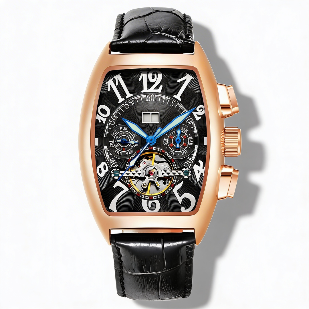 Men's bold stainless steel tonneau watch. Skeleton dial reveals intricate automatic movement, luxury timepiece.