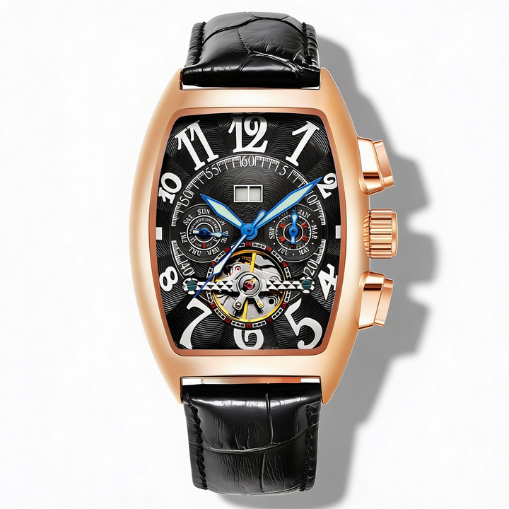 Men's bold stainless steel tonneau watch. Skeleton dial reveals intricate automatic movement, luxury timepiece.