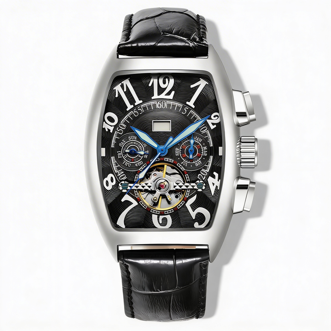 Luxury men's tonneau skeleton watch with gold accents. Stainless steel case, elegant dress accessory.