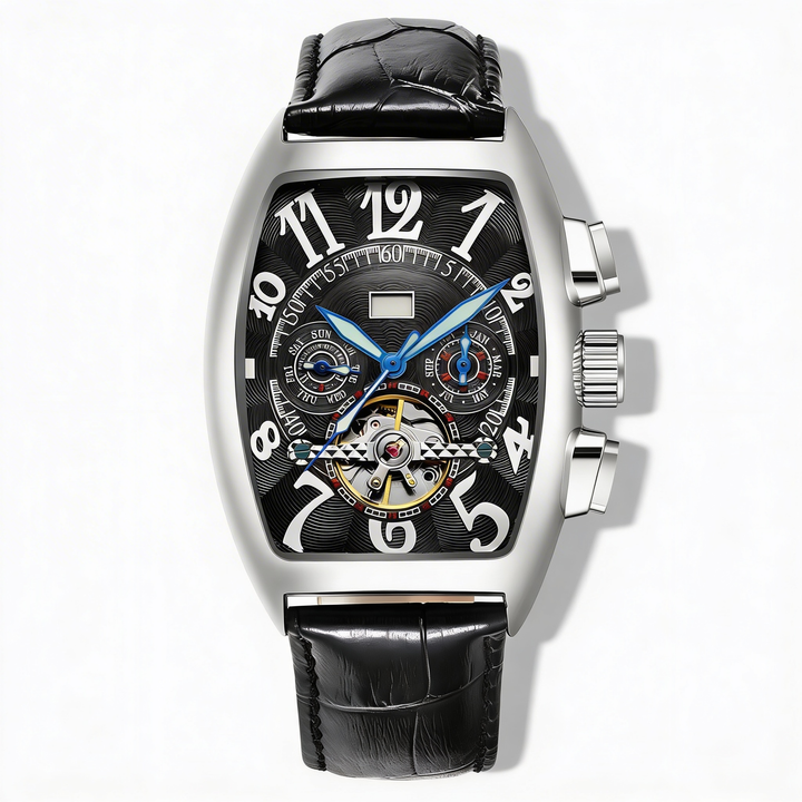 Luxury men's tonneau skeleton watch with gold accents. Stainless steel case, elegant dress accessory.