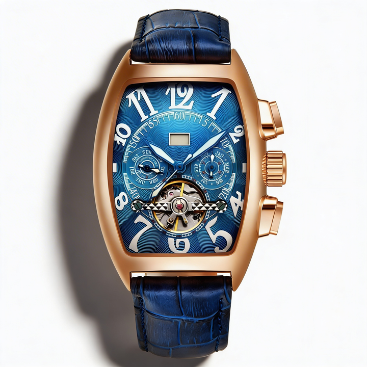 Bold men's stainless steel tonneau watch featuring an exposed skeleton dial. Sophisticated and modern design.