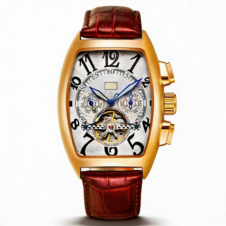 Men's tonneau skeleton watch. View intricate automatic movement through the dial. Stainless steel luxury timepiece.