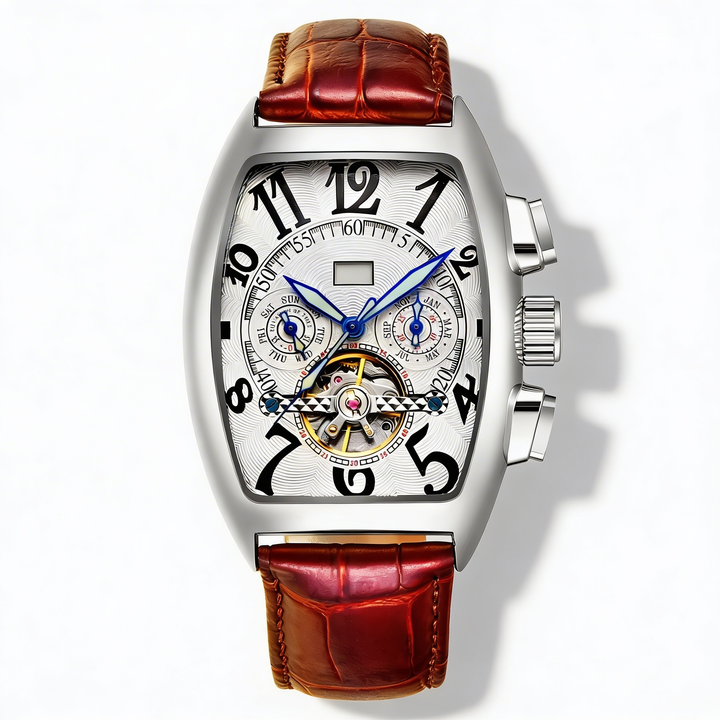 Stainless steel tonneau skeleton dress watch for men. Features sophisticated design & visible automatic movement.