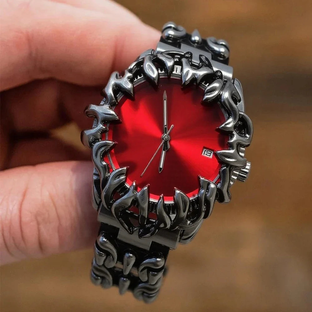 Men's bold steel watch with unique flame bezel, quartz movement. Durable & waterproof statement timepiece.