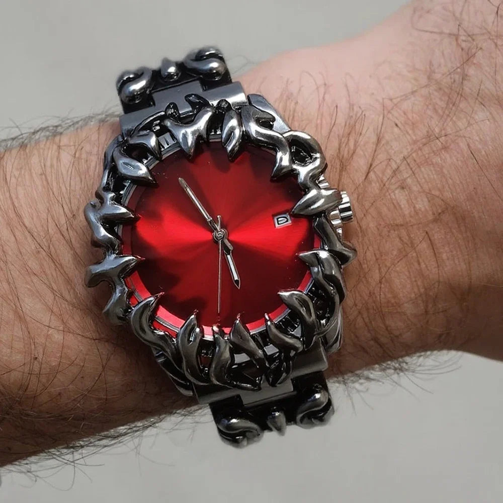Close-up of men's steel watch, striking flame bezel, bold design. A durable, waterproof accessory.