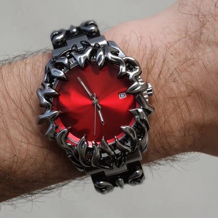 Close-up of men's steel watch, striking flame bezel, bold design. A durable, waterproof accessory.