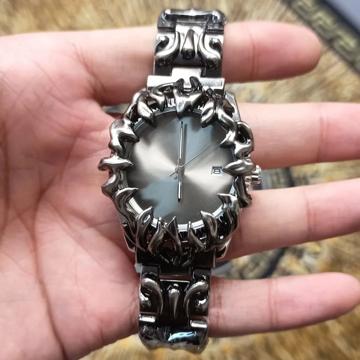 Men's steel quartz watch, unique flame bezel. Bold, durable & waterproof statement timepiece for men.
