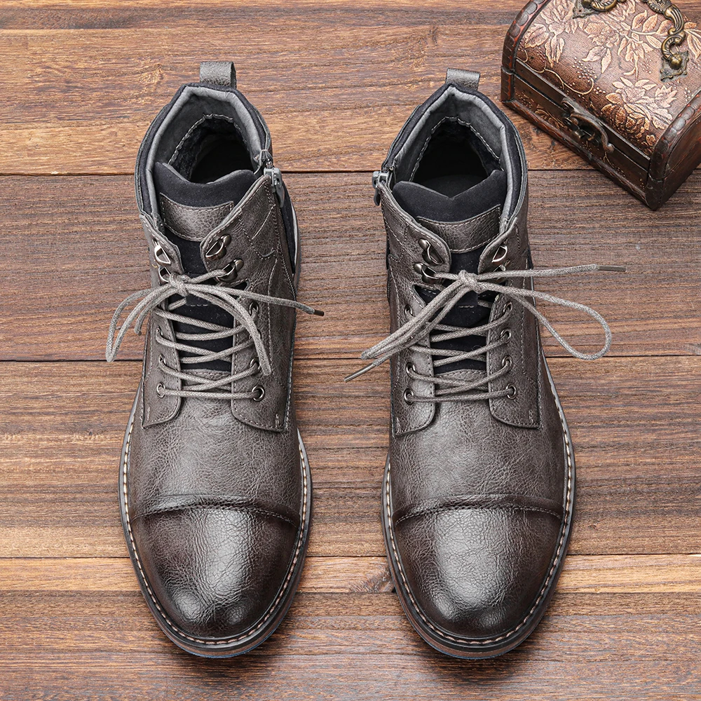 Deep Bordeaux men's combat boots with side zipper, a sophisticated autumn color.
