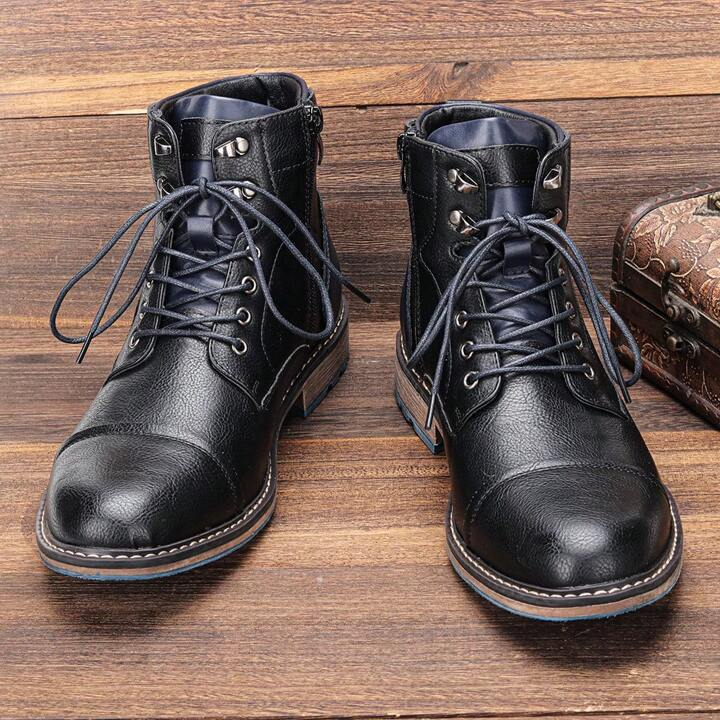Men's Bordeaux ankle combat boots, showing secure lace-up and easy side zipper access.